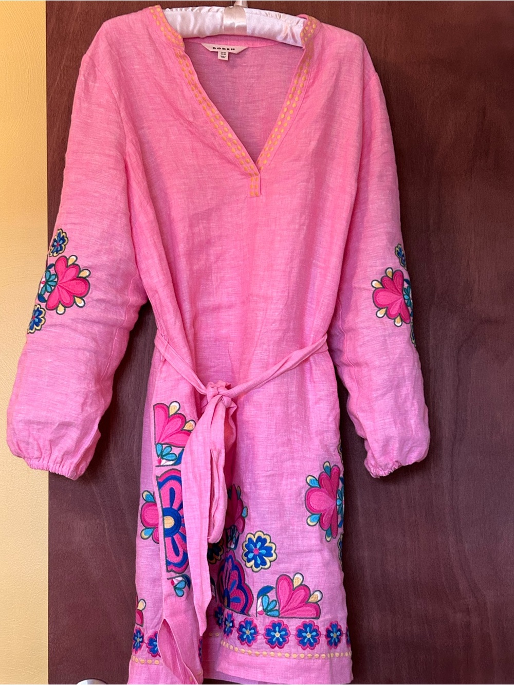 Boden Pink Embroidered Long-Sleeve Belted Dress - Picture 3 of 4